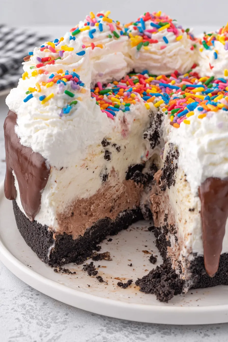 Decorated cake with whipped cream rosettes and sprinkles