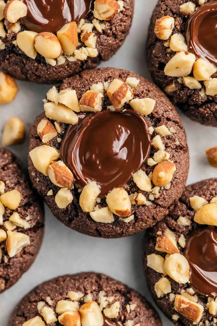 Chocolate hazelnut thumbprint cookies on a baking sheet