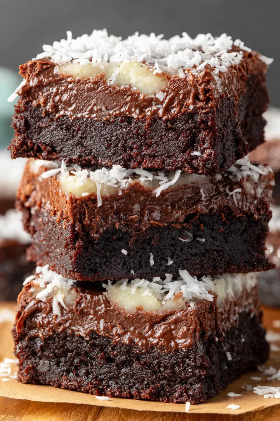Top view of baked coconut brownies in pan