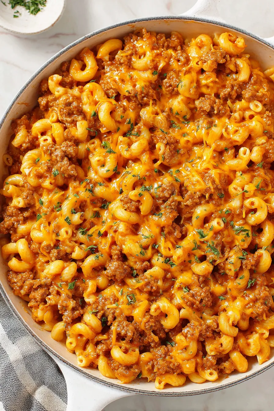 Serving spoon scooping cheesy chili mac
