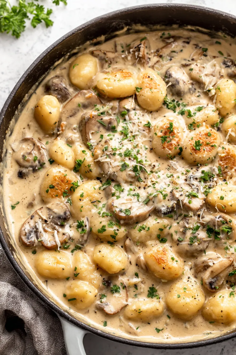 Close-up of gnocchi coated in creamy sauce