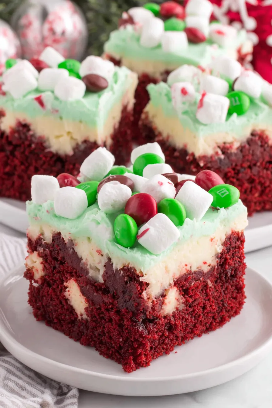 Close-up of decorated red velvet poke cake