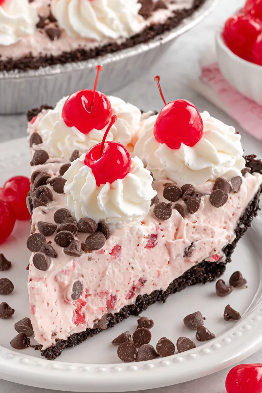 Whole chocolate cherry pie decorated with whipped topping