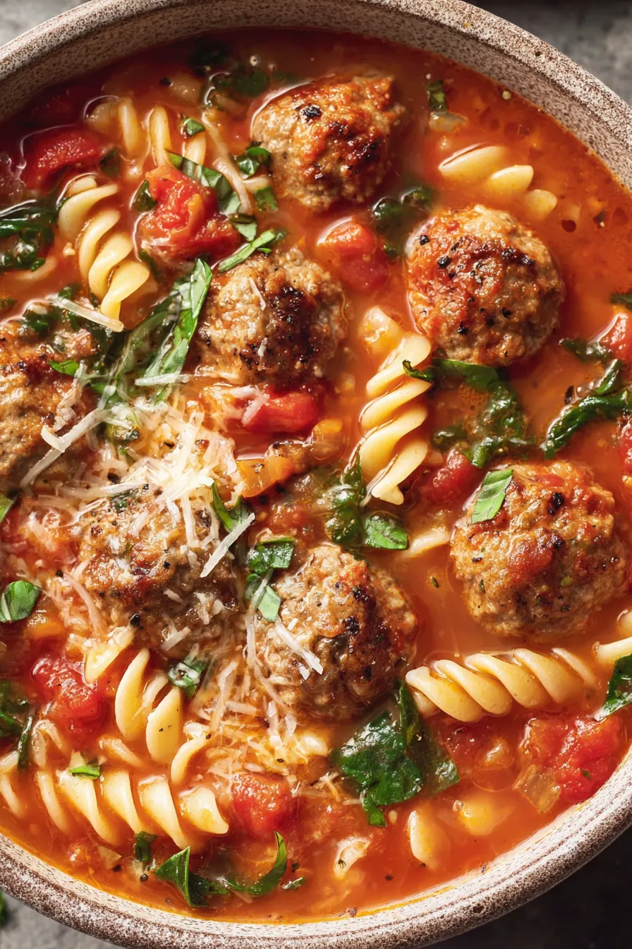 Bowl of Italian meatball soup with basil and parmesan