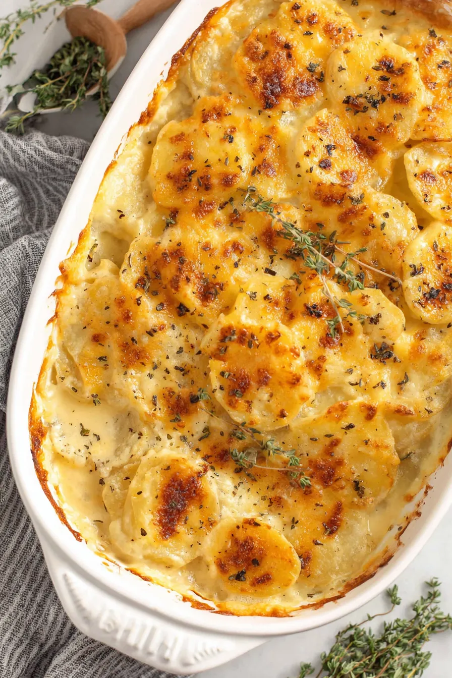 Freshly baked scalloped potatoes in a 9x13 pan