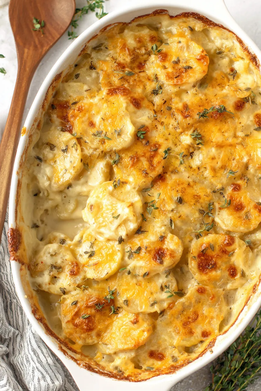 Close up of a creamy scalloped potato slice on a serving plate