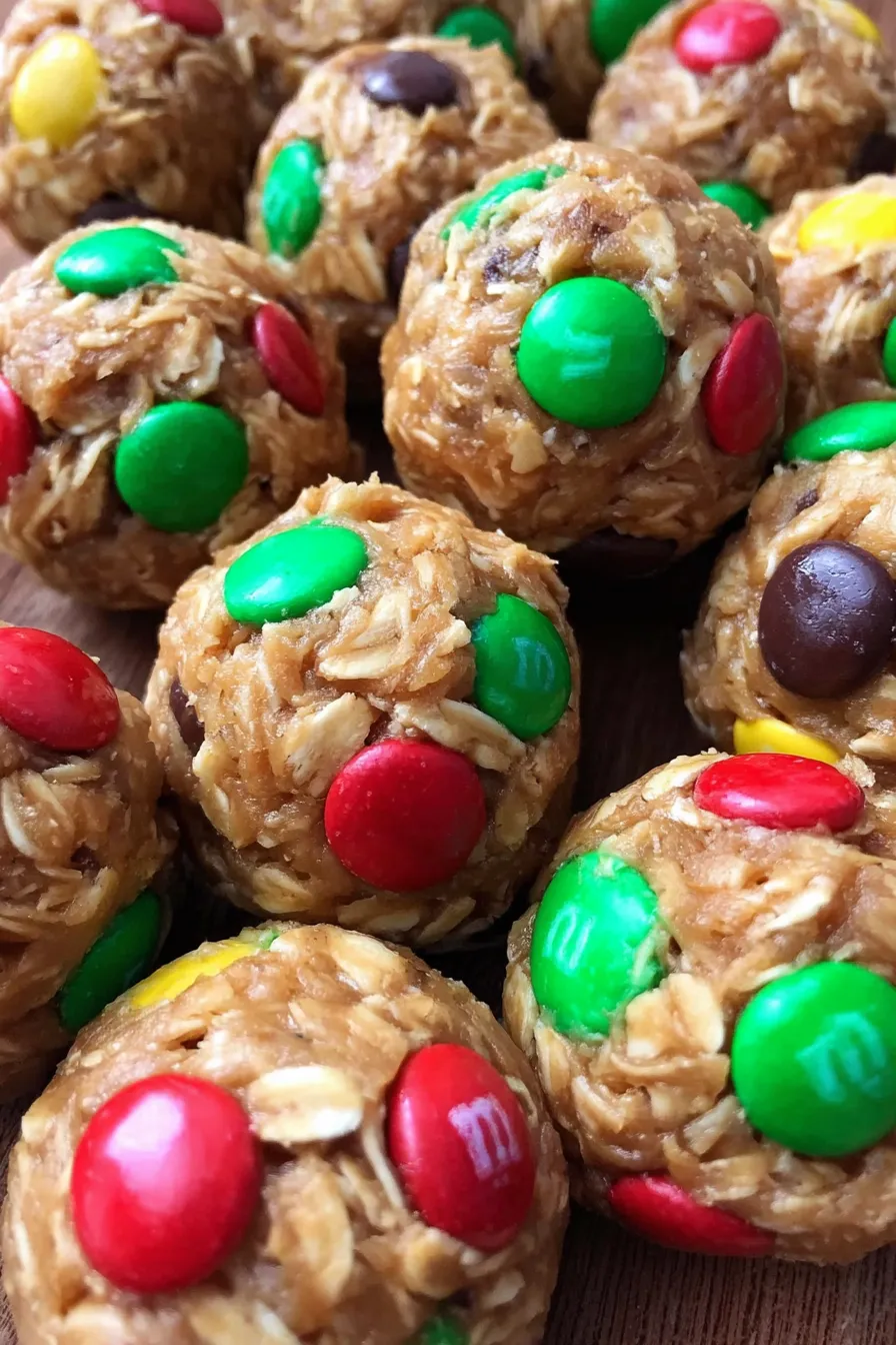 Christmas Energy Bites on a tray with Mini M&Ms