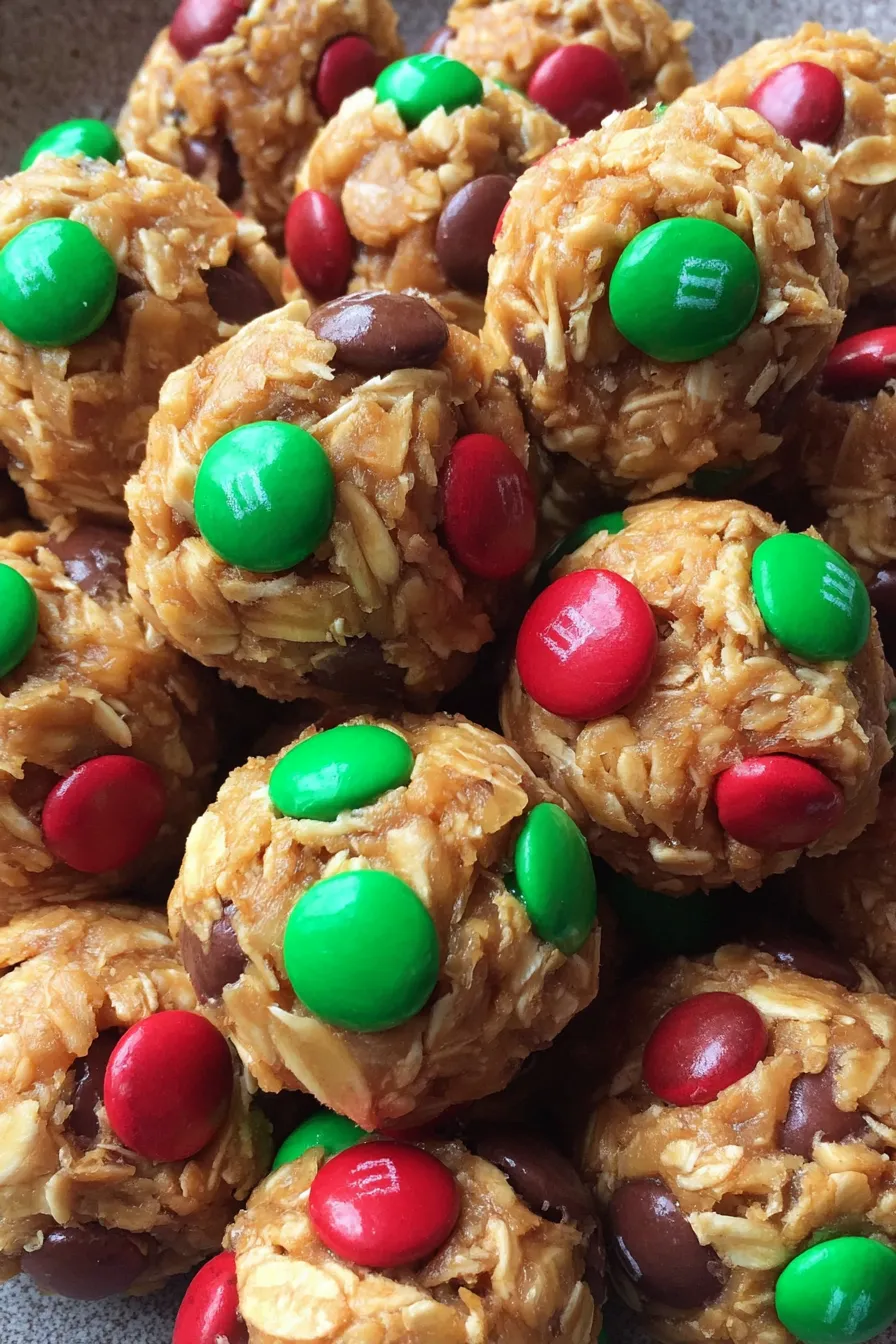 Close-up of a single energy bite with M&Ms