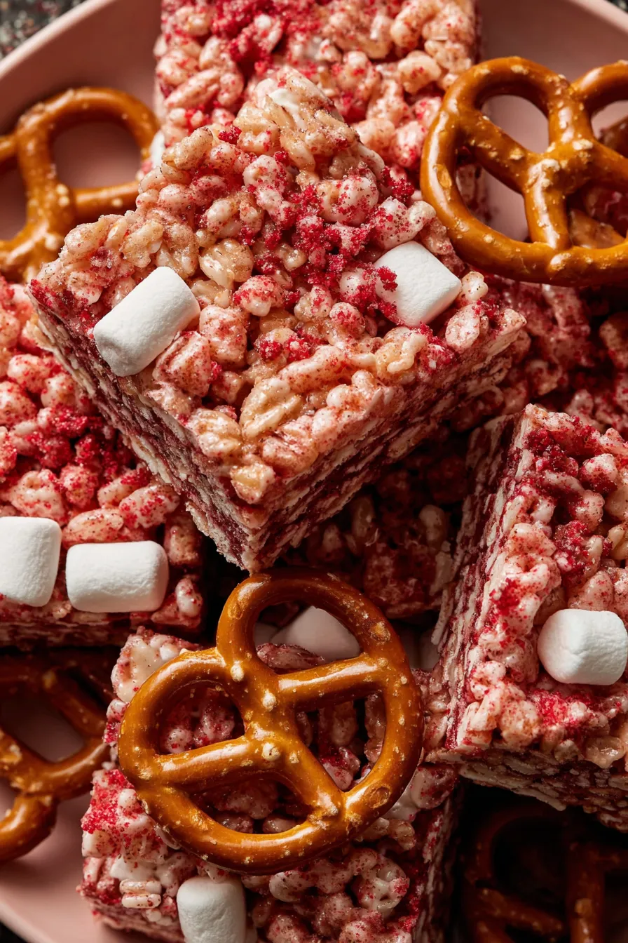 Cut strawberry pretzel marshmallow squares on a cooling rack