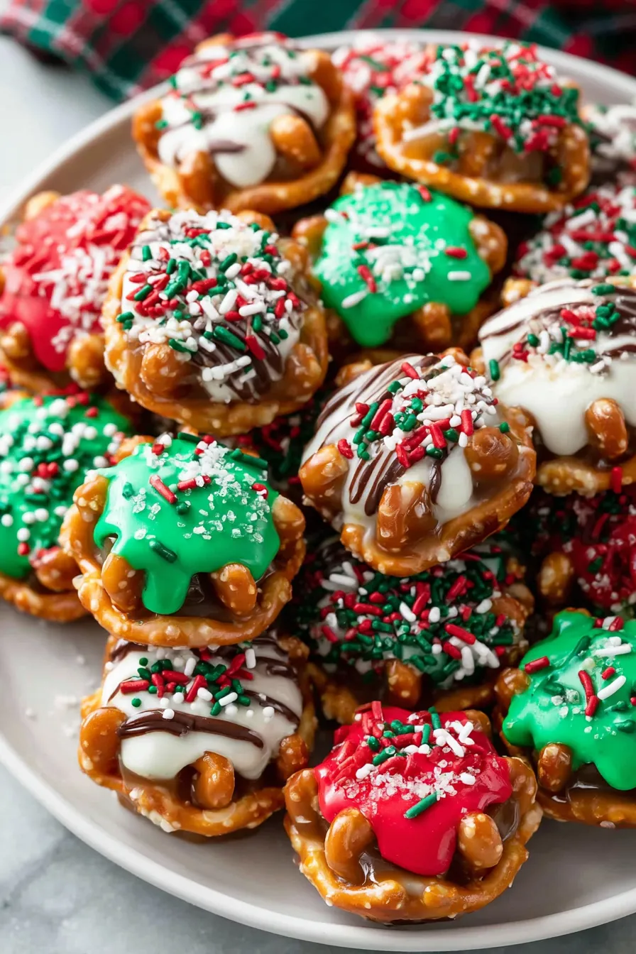 Decorated pretzel bites in a tin