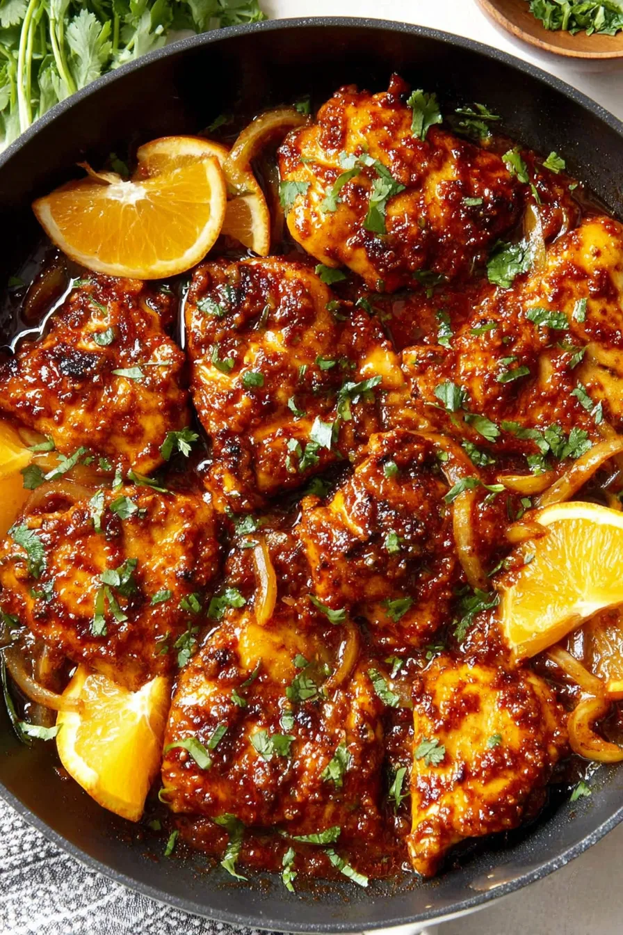 Sheet pan harissa orange chicken on baking sheet