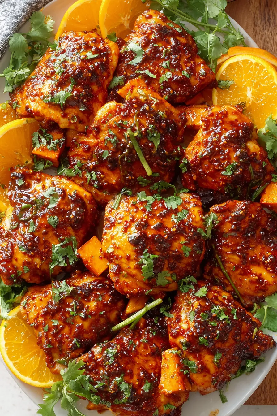 Close-up of harissa orange glazed chicken with herbs