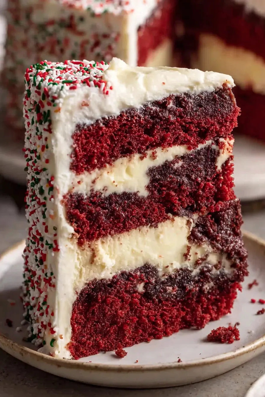 Slice of red velvet with cheesecake layer