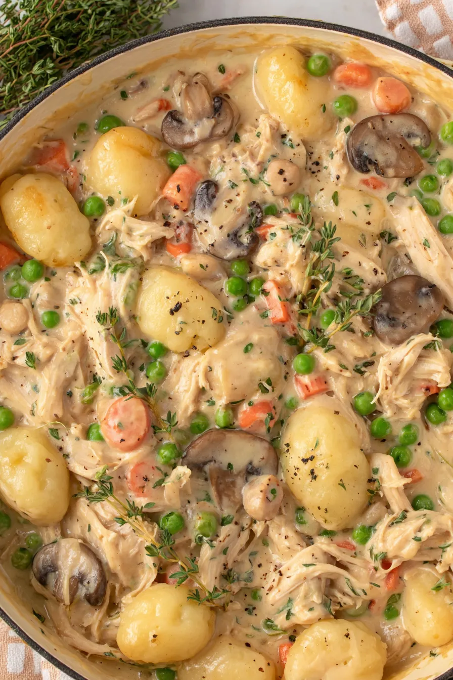 Gnocchi Chicken Pot Pie in a skillet, top view