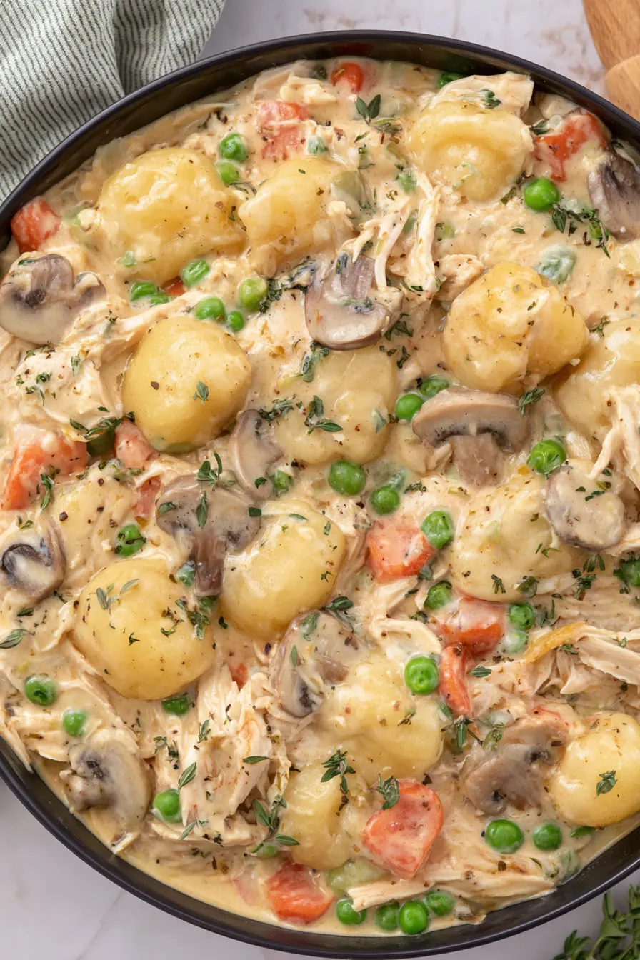Close-up of spoon scooping up creamy gnocchi pot pie