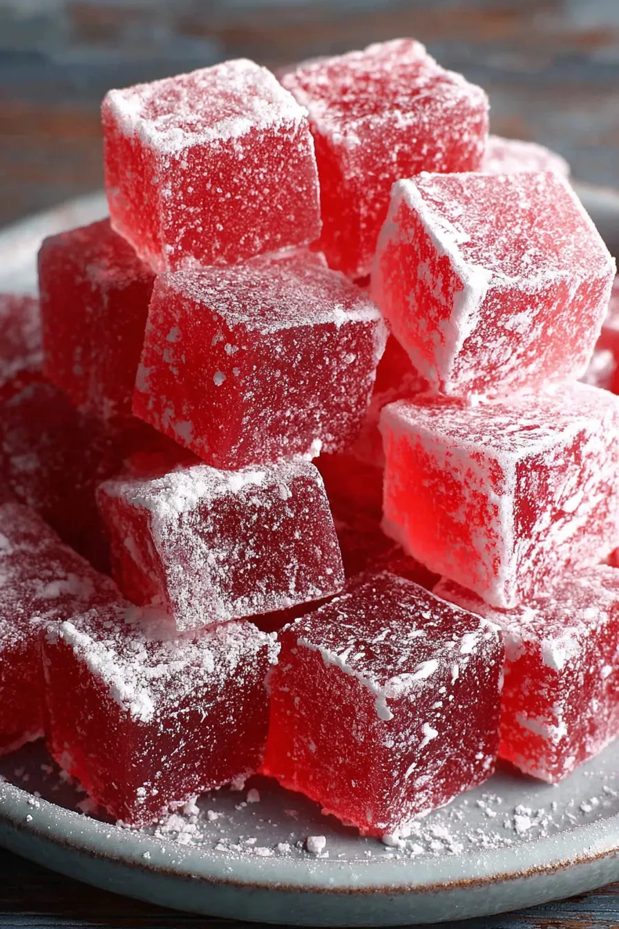 Freshly cut rosewater Turkish delight cubes in a shallow tray