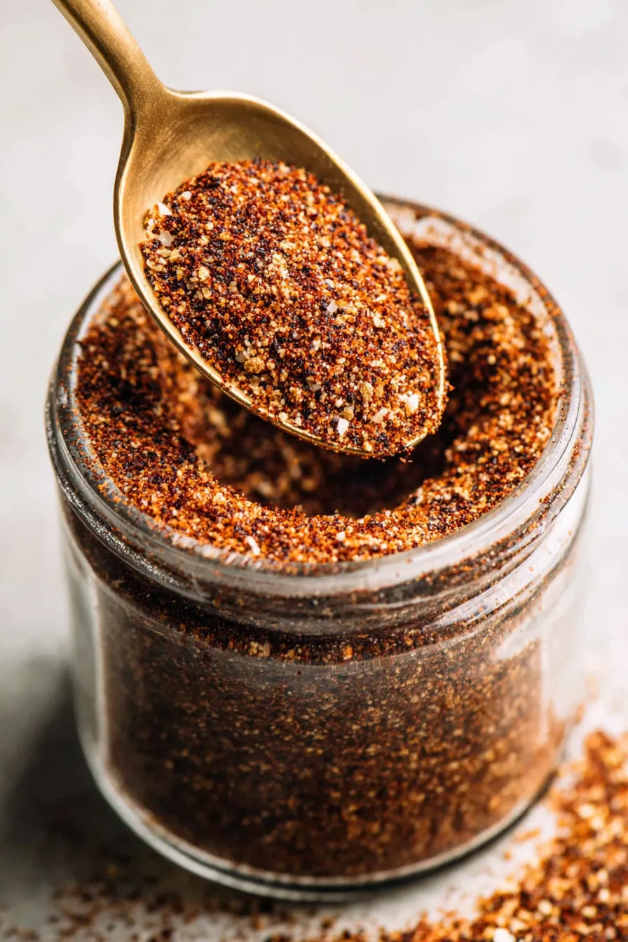 A small jar of homemade taco seasoning beside measuring spoons