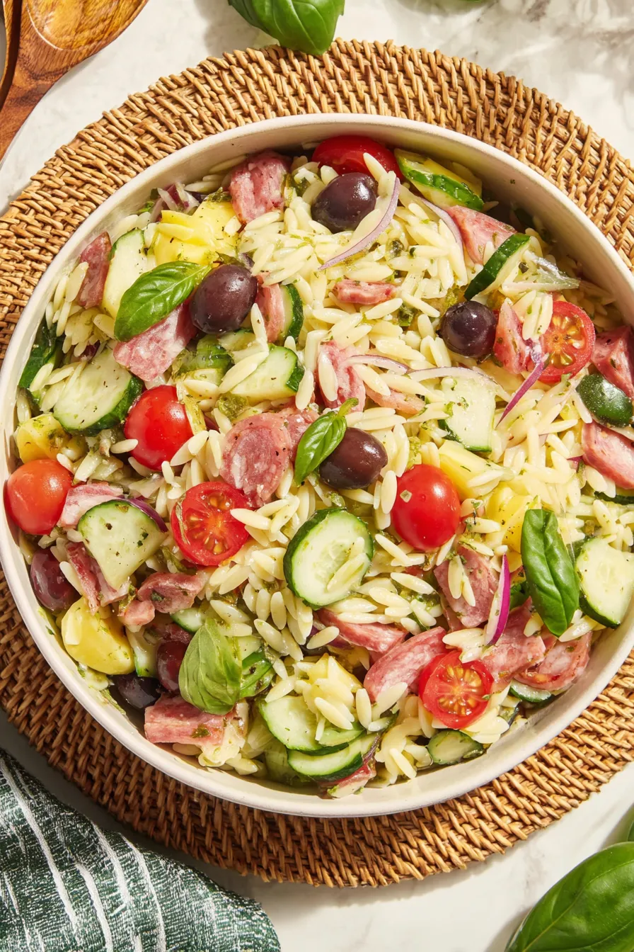 Bowl of Italian orzo salad with tomatoes and basil
