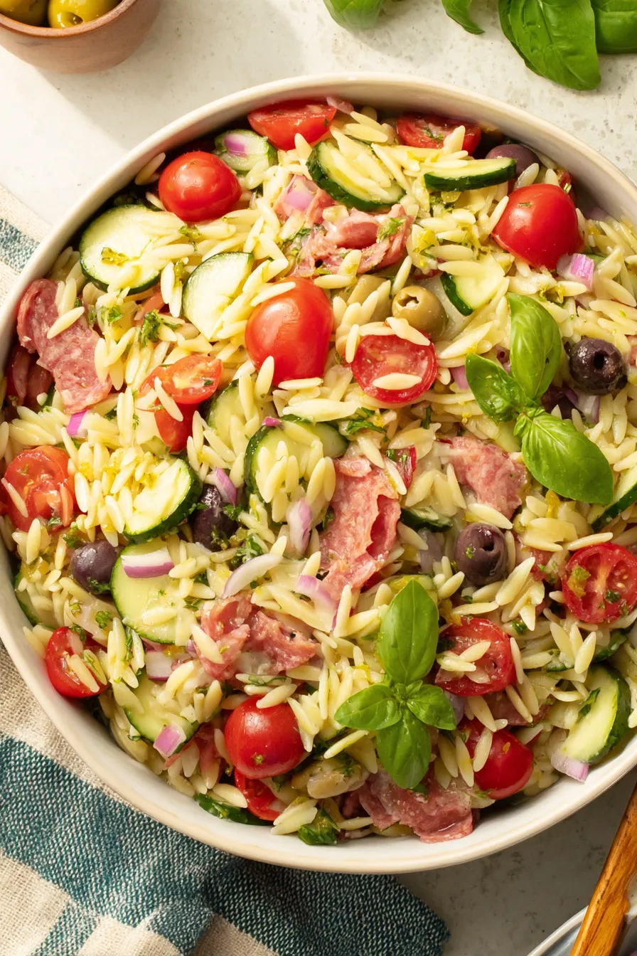 Closeup of orzo and shaved Parmesan