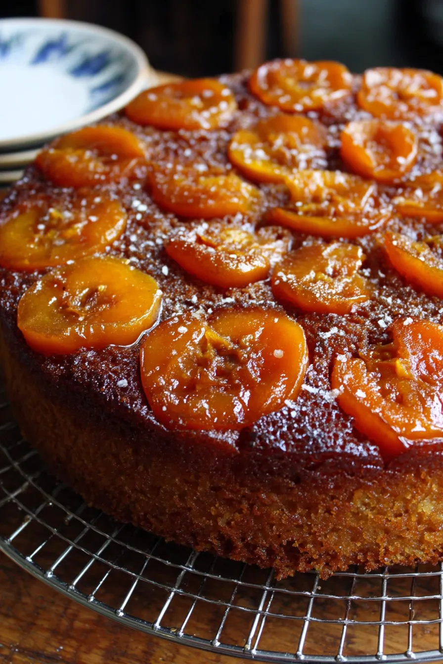 Sliced persimmon rounds arranged in cake pan