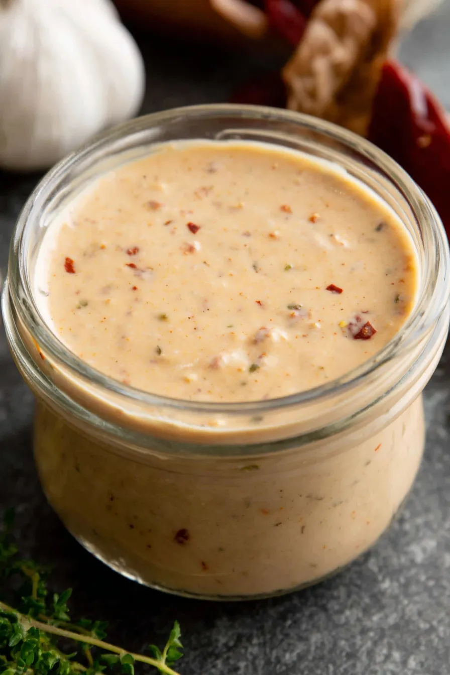 Creamy Smashburger sauce in a glass jar with spoon