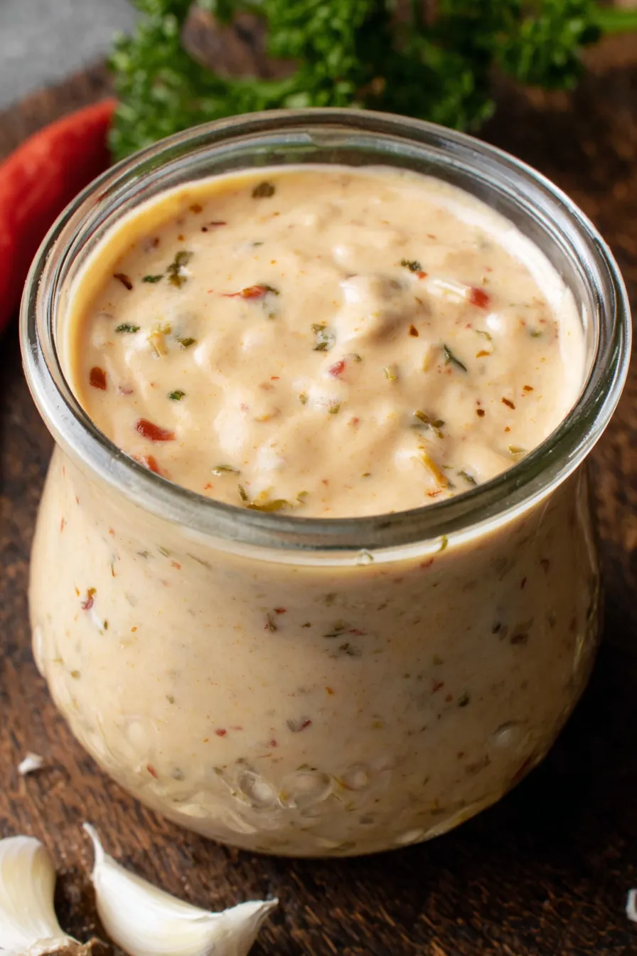 Smashburger sauce drizzled over a burger with fries