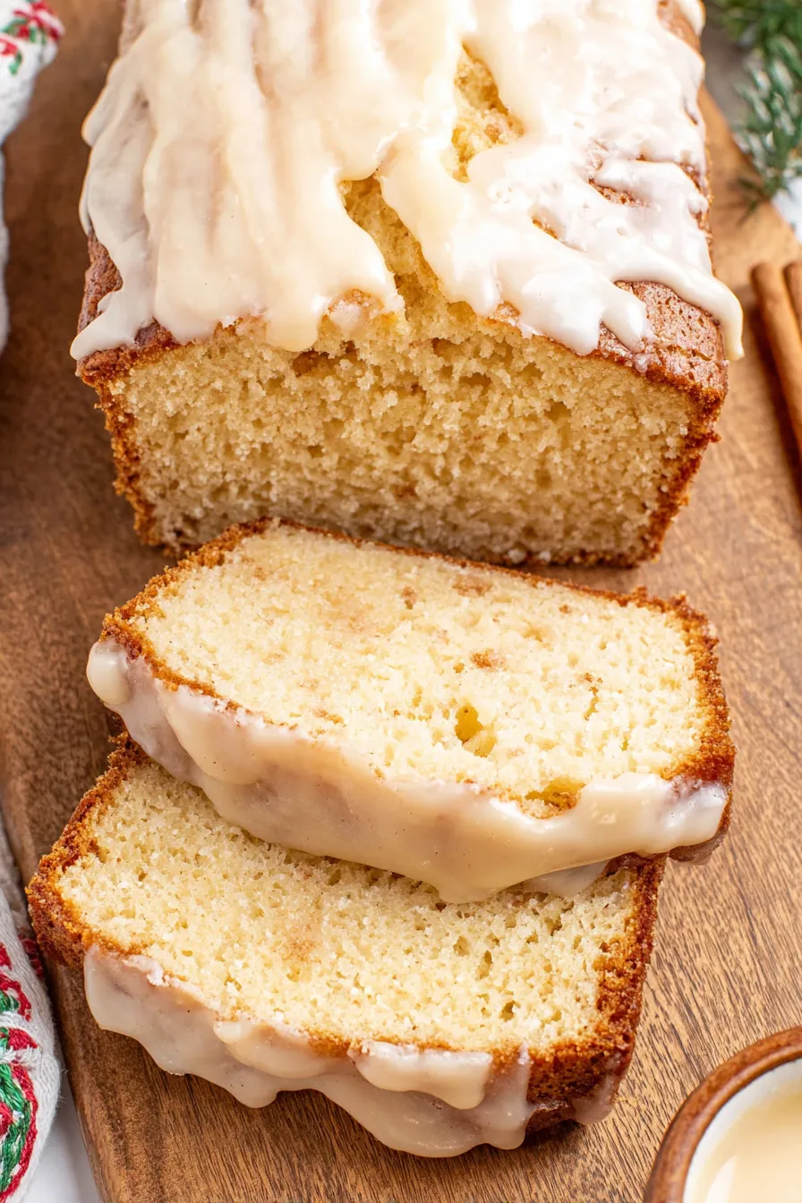 Slice of eggnog loaf with glaze and nutmeg dusting