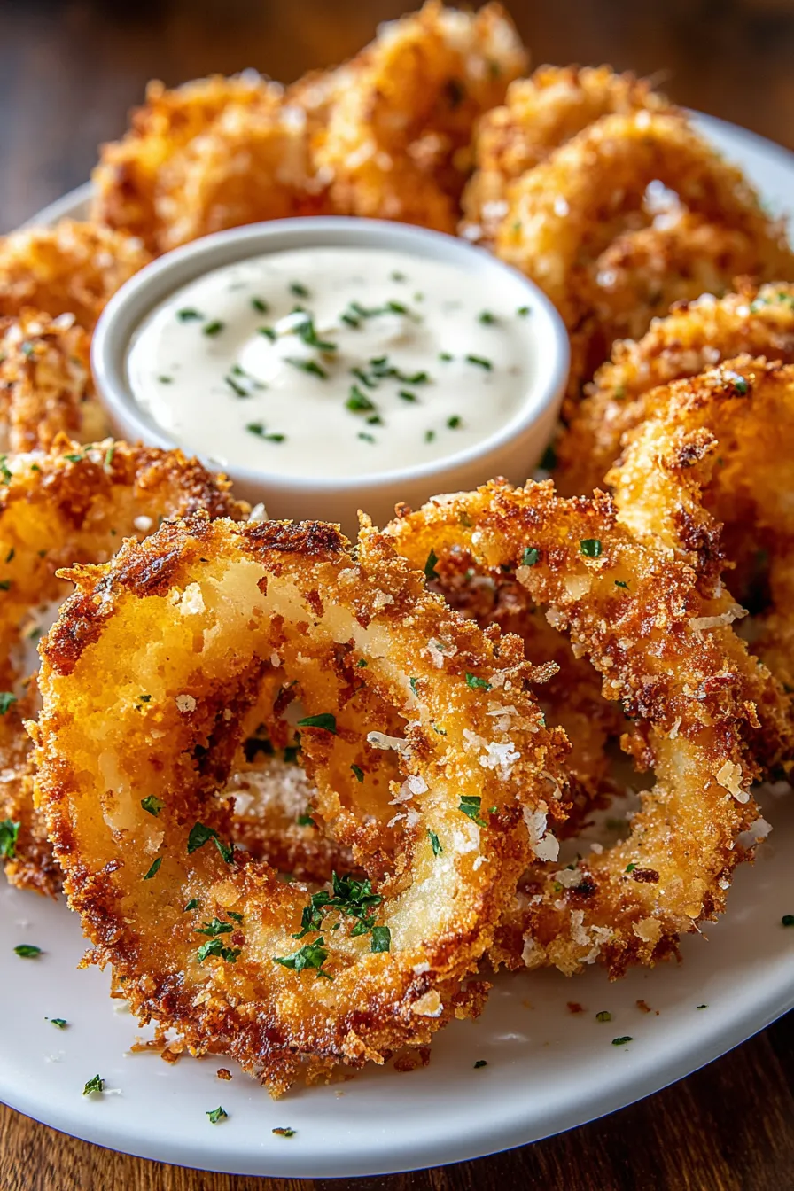 Golden Parmesan onion ring chips on a serving tray
