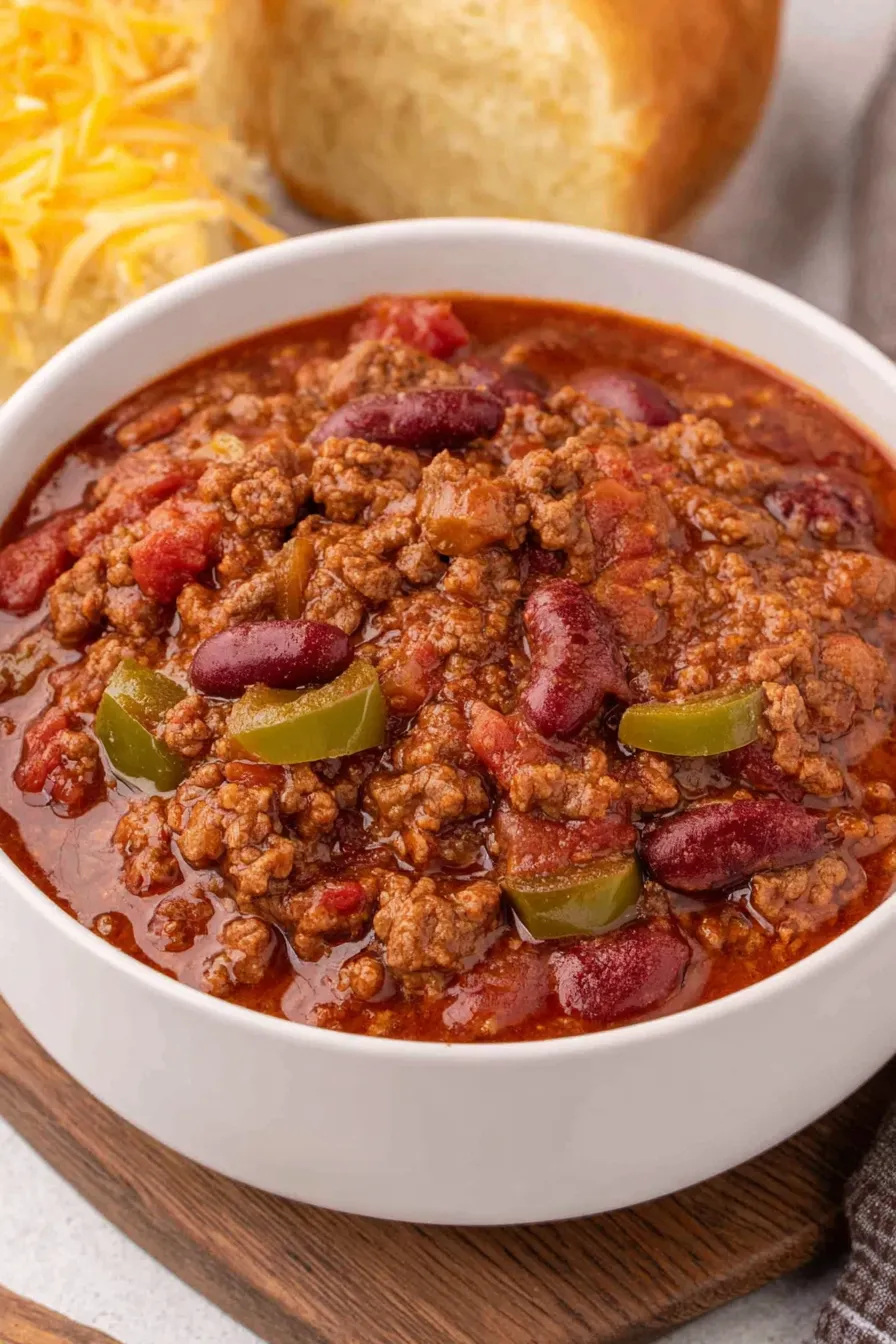 Simmering crock pot chili in a slow cooker