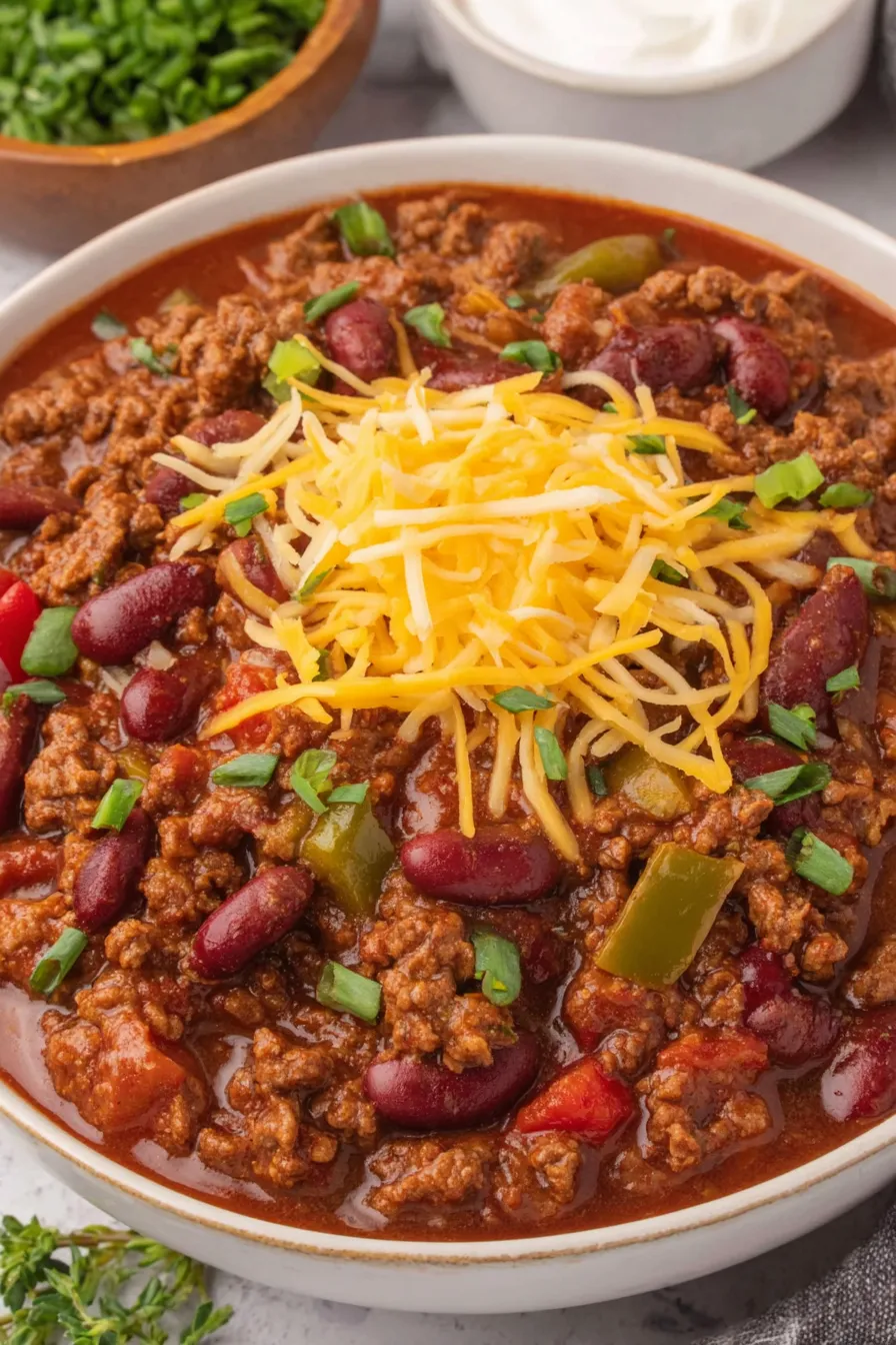 Bowl of hearty chili with toppings