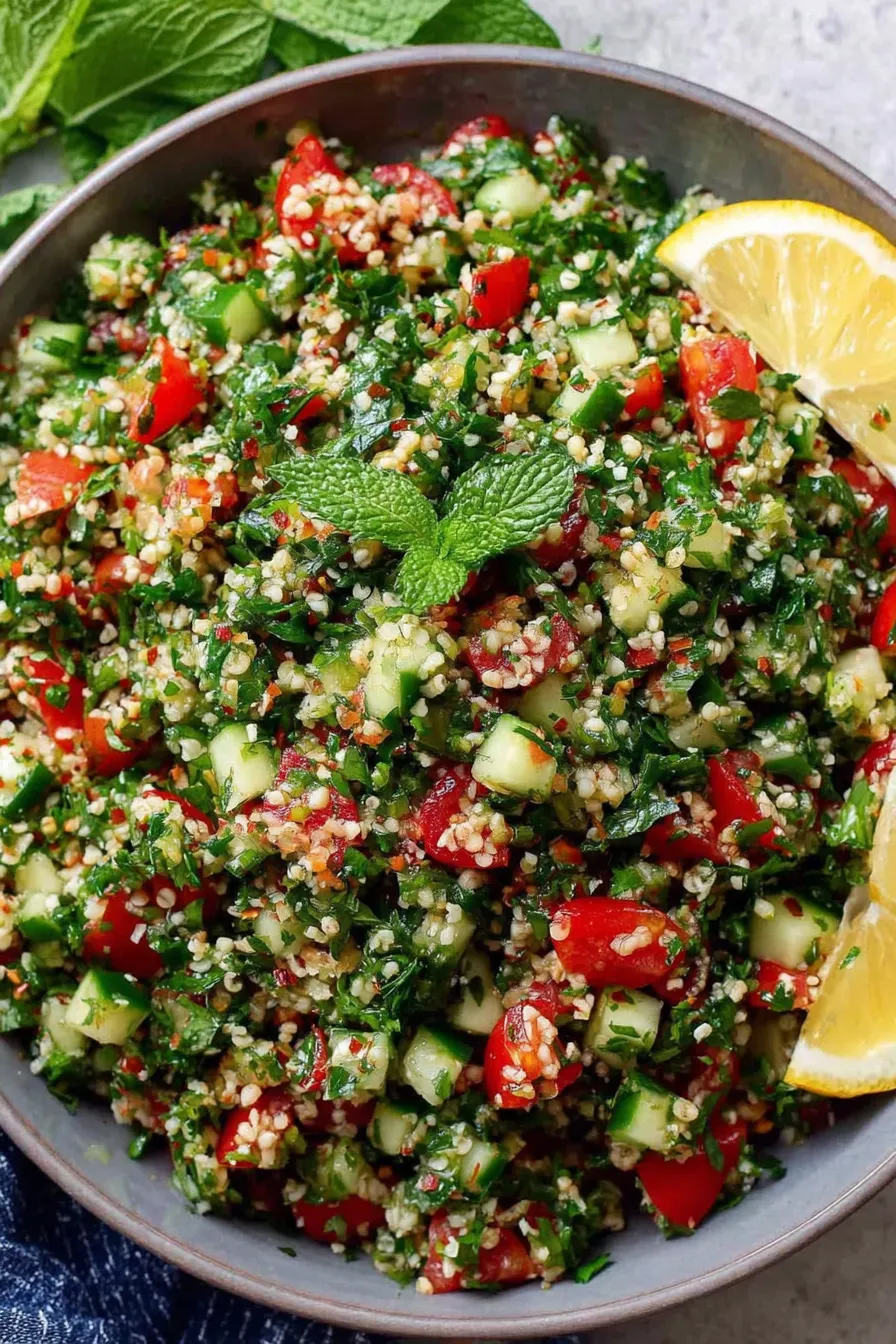 Bright tabouli salad in bowl with herbs