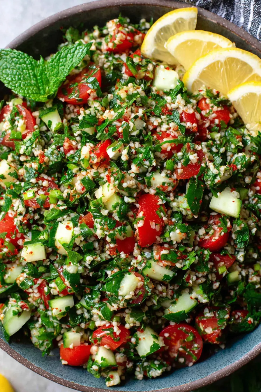 Close-up of chopped parsley and tomatoes for tabouli