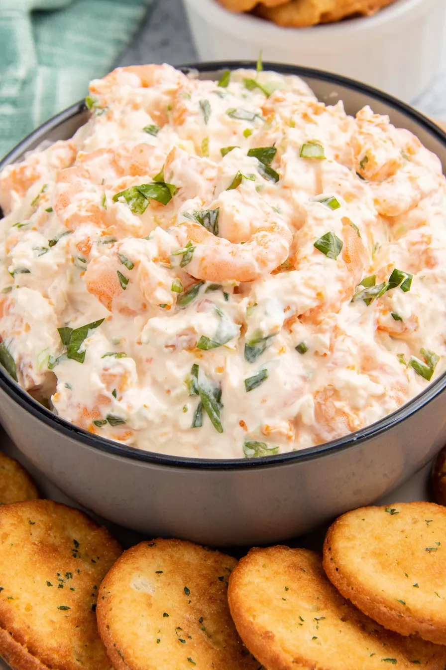 Creamy shrimp dip garnished with parsley and whole shrimp
