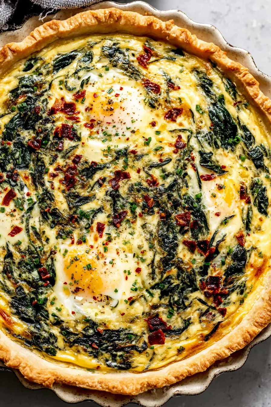Slice of spinach quiche plated with garnish