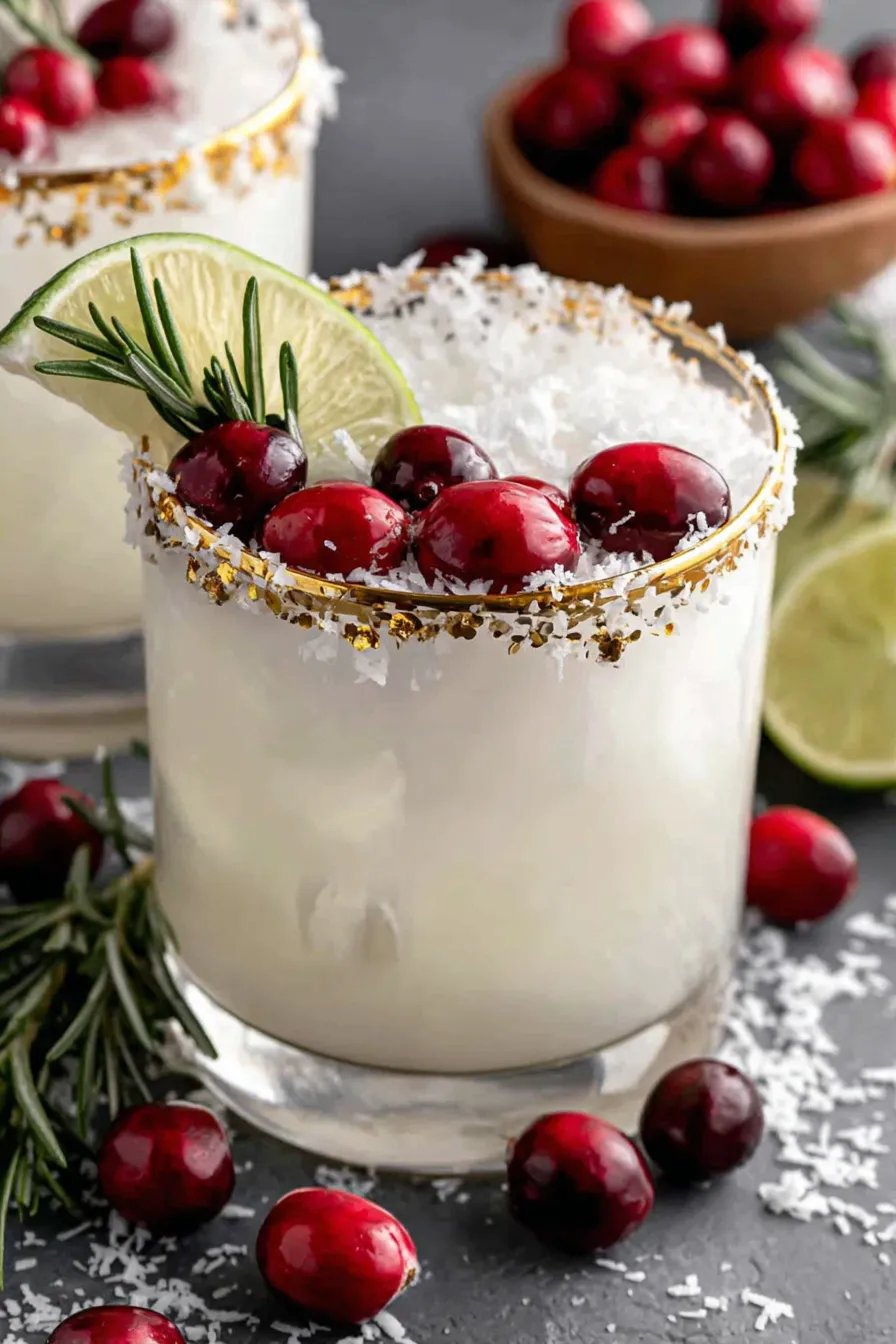 White Christmas Margarita in coconut rimmed glass with rosemary and cranberries