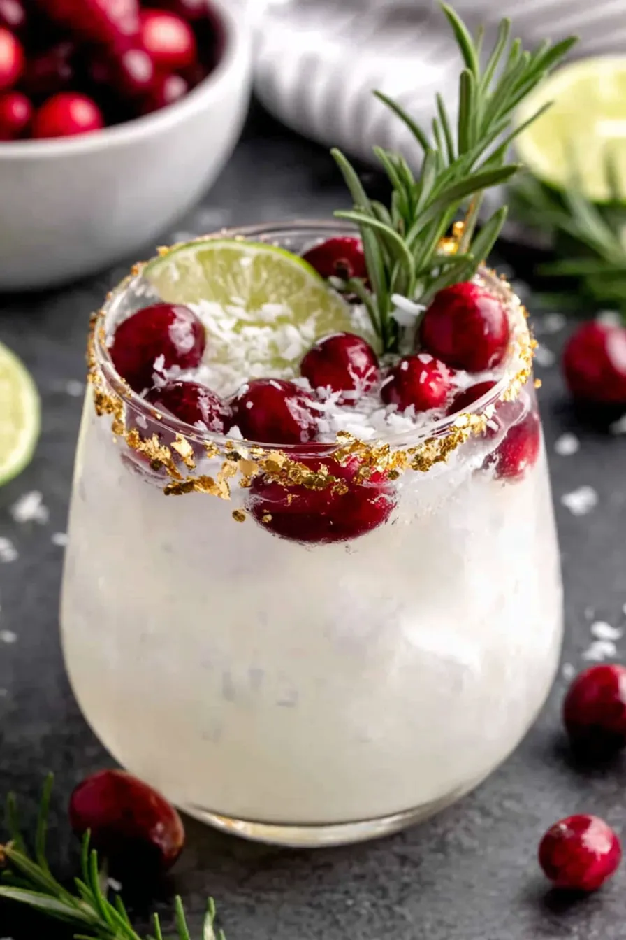 Festive garnishes for White Christmas Margarita with rosemary and cranberries