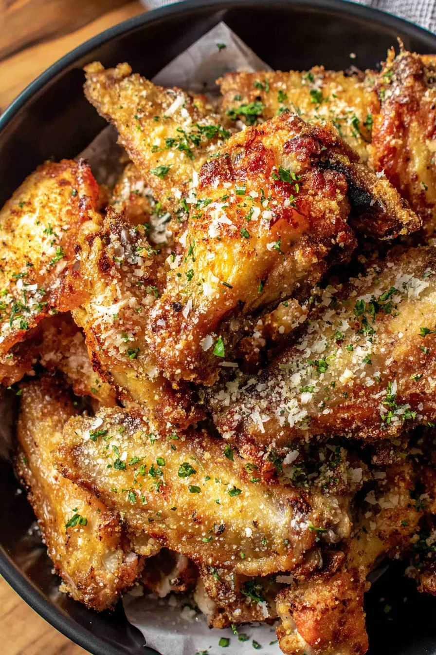 Crispy parmesan crusted wings in air fryer basket