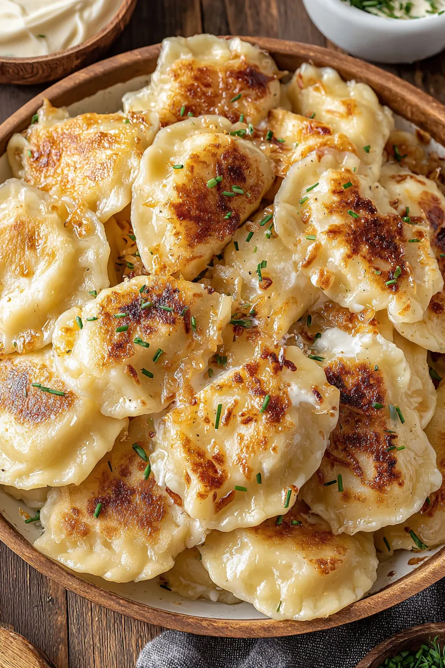 Pierogi being boiled in a pot