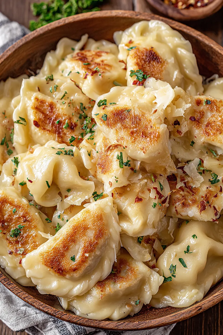 Plated pierogi with sautéed onions