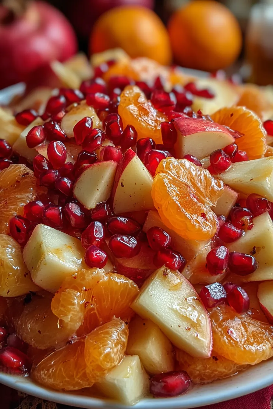 Winter fruit salad in a white bowl with bright pomegranate arils and mandarin segments