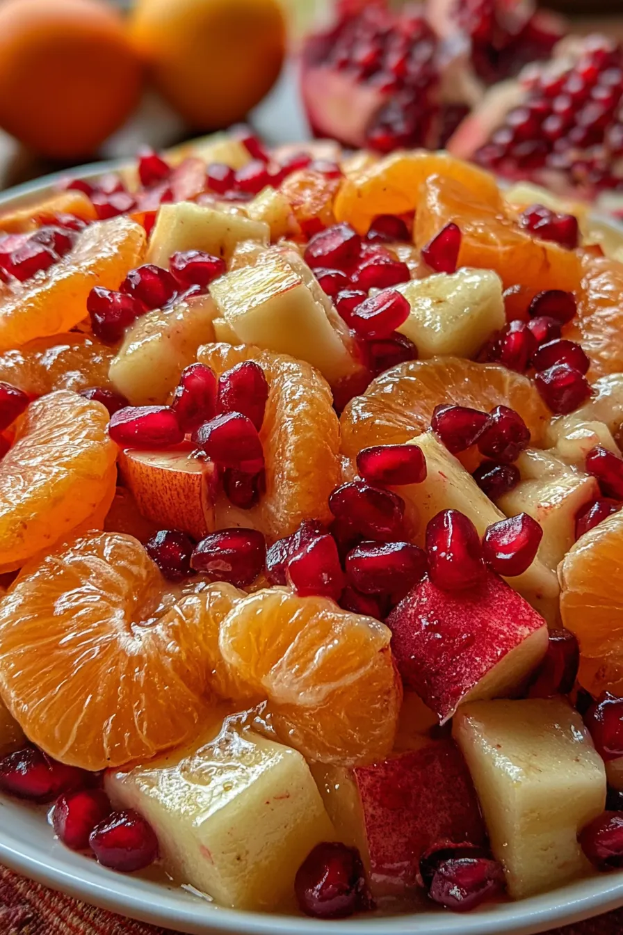Close up of pomegranate arils and apple dice glistening with cinnamon-vanilla syrup
