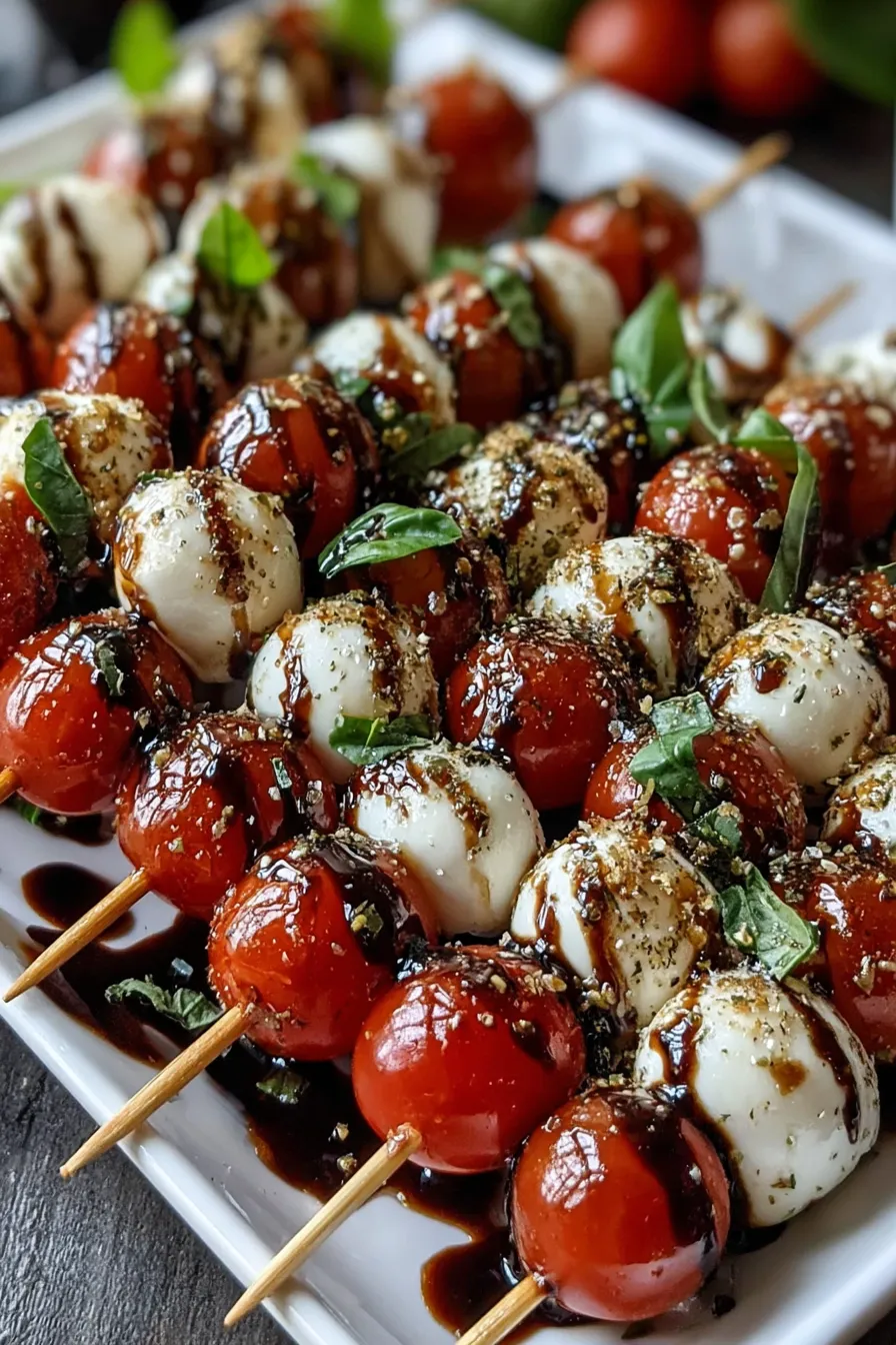 assembled mini caprese bites on a platter