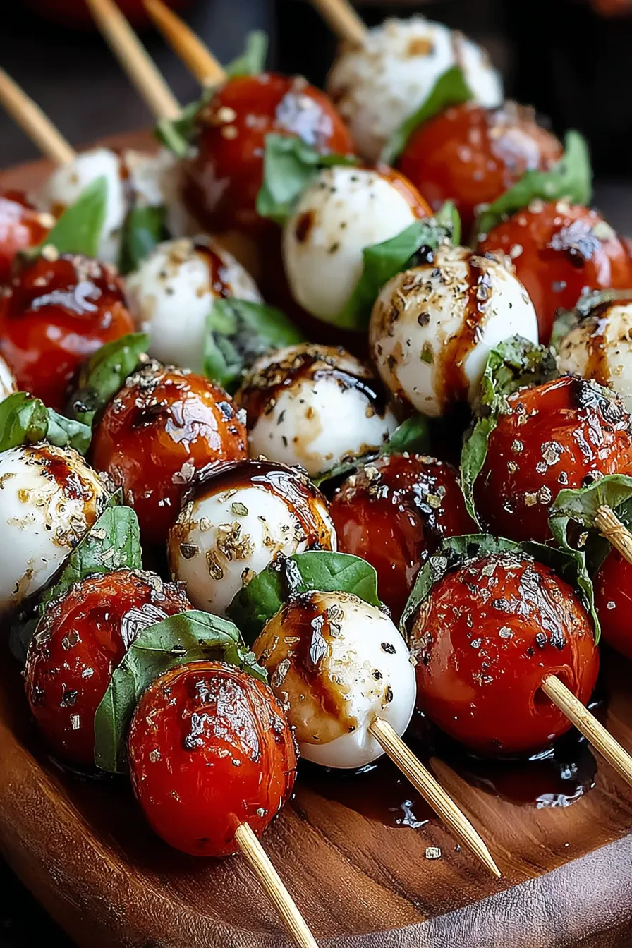 close up of caprese bite with basil and balsamic glaze