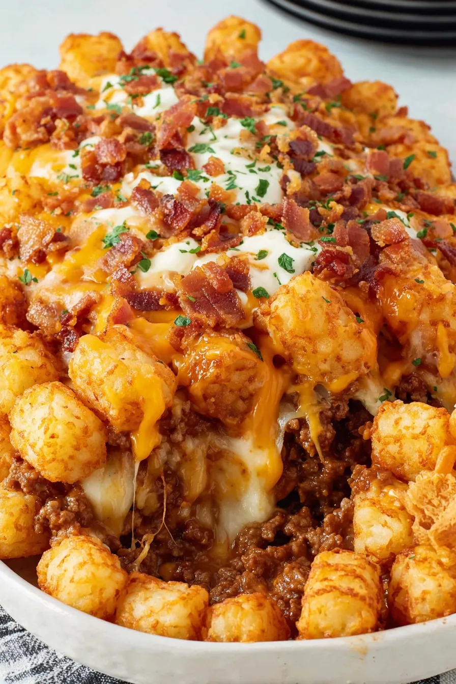Bacon cheeseburger tater tot casserole fresh from the oven