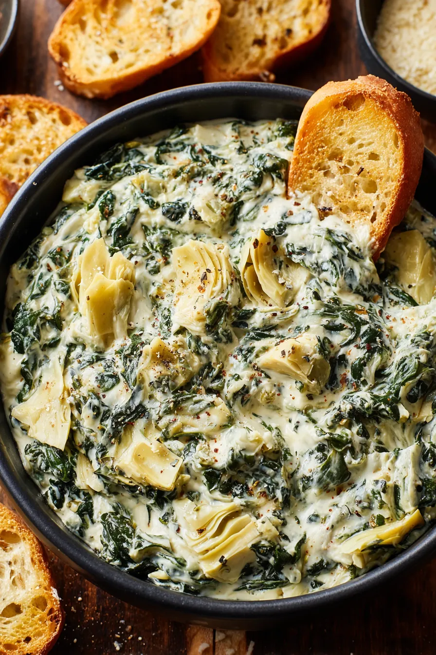 Close-up of cheesy spinach artichoke dip on a cracker