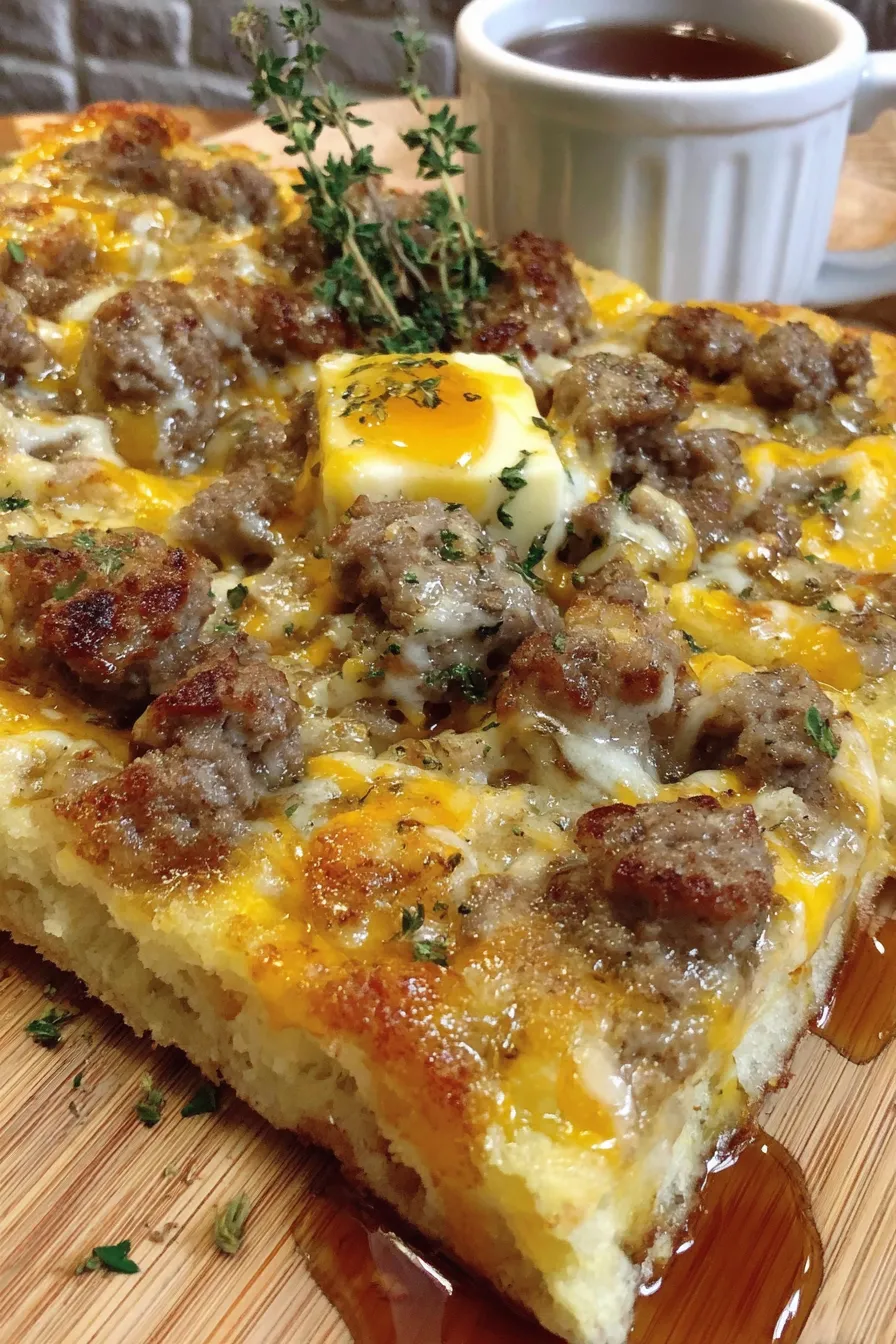 Baked sheet pan pancake studded with sausage and melted cheddar