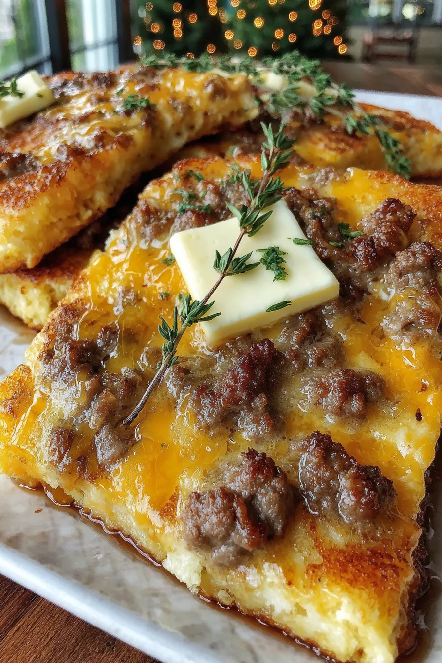 Cut squares of sausage and cheddar sheet pan pancakes on a serving board