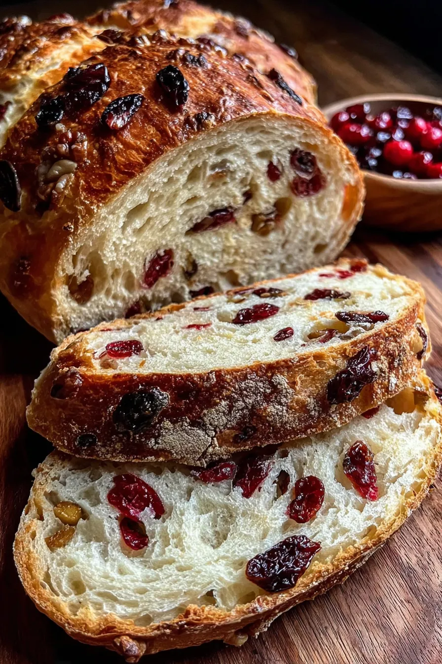 Sliced cranberry raisin walnut bread on a board