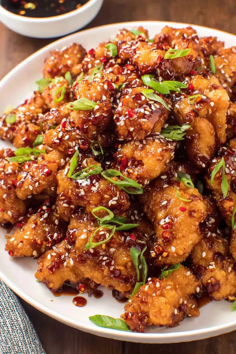 Golden glazed General Tso chicken in a bowl garnished with green onions