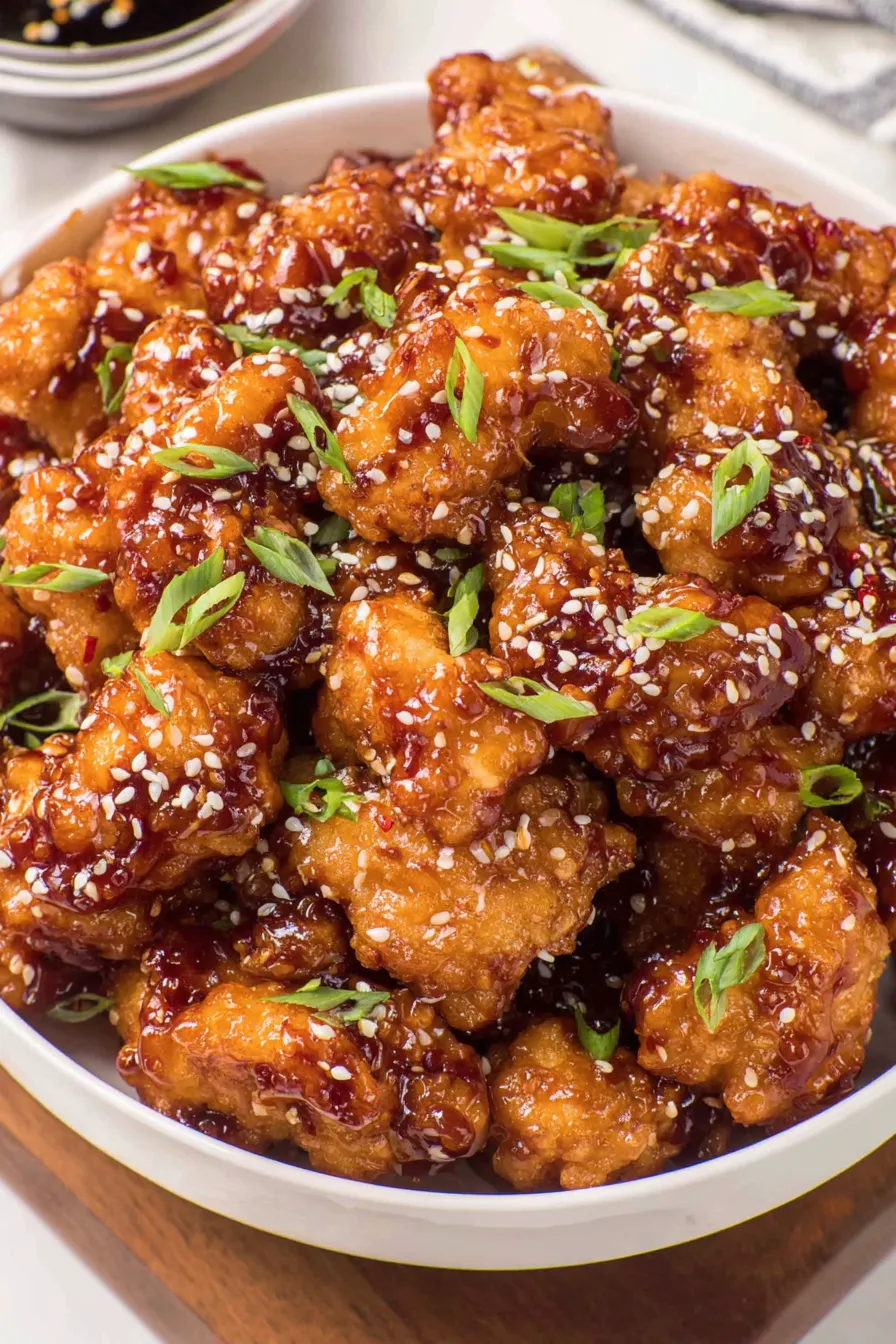 Close-up of glazed chicken with sesame seeds and green onions